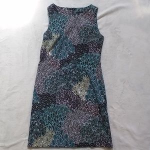 Turquoise and purple patterned work dress